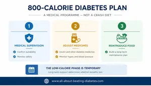 Learn how an 800-calorie diabetes plan works, who may benefit, possible remission results, medication changes, risks, and why medical supervision matters.