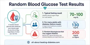 Learn what a random blood glucose test means, how to read random blood sugar results, when 200 mg/dL may suggest diabetes, and when to call your doctor.