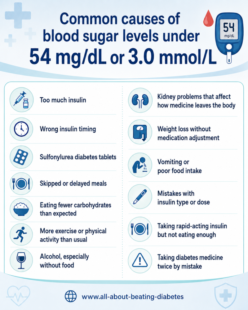 Infographic showing common causes of blood sugar under 54 mg/dL, including insulin, skipped meals, alcohol and kidney problems.