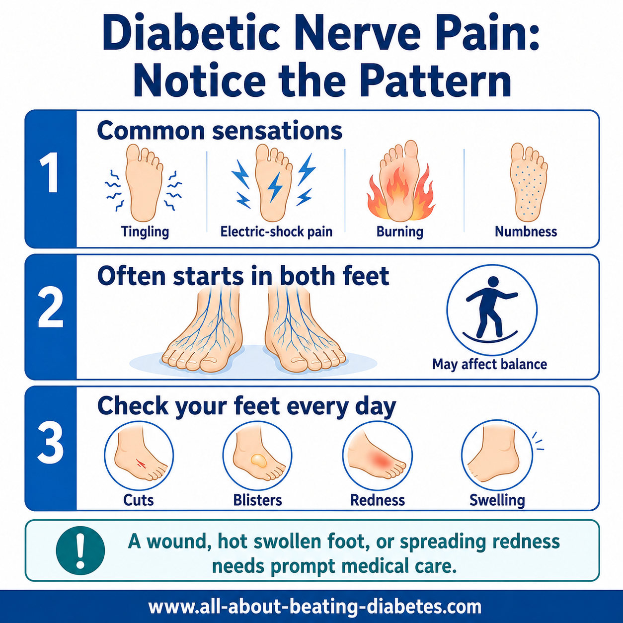 Infographic showing tingling, electric-shock pain, burning, numbness, balance problems, and daily foot checks for diabetic nerve pain
