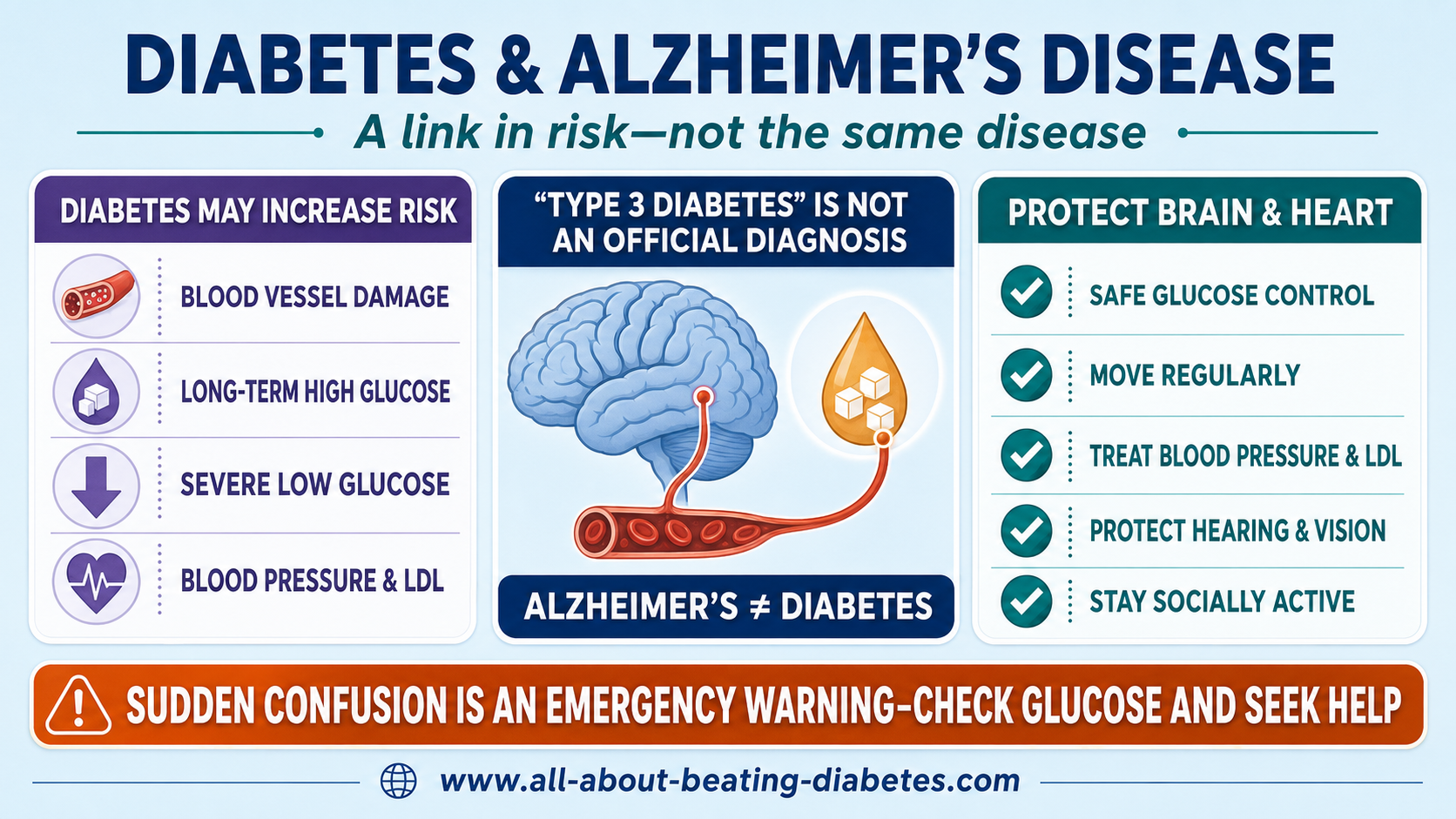 Infographic explaining that diabetes may increase Alzheimer’s and dementia risk but Alzheimer’s disease is not type 3 diabetes