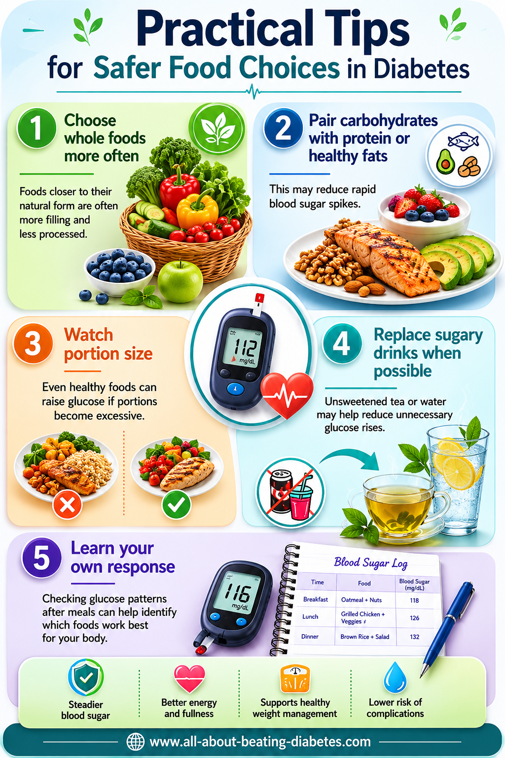 Practical tips for safer food choices in diabetes including whole foods, balanced meals, portion control, unsweetened drinks, and glucose monitoring
